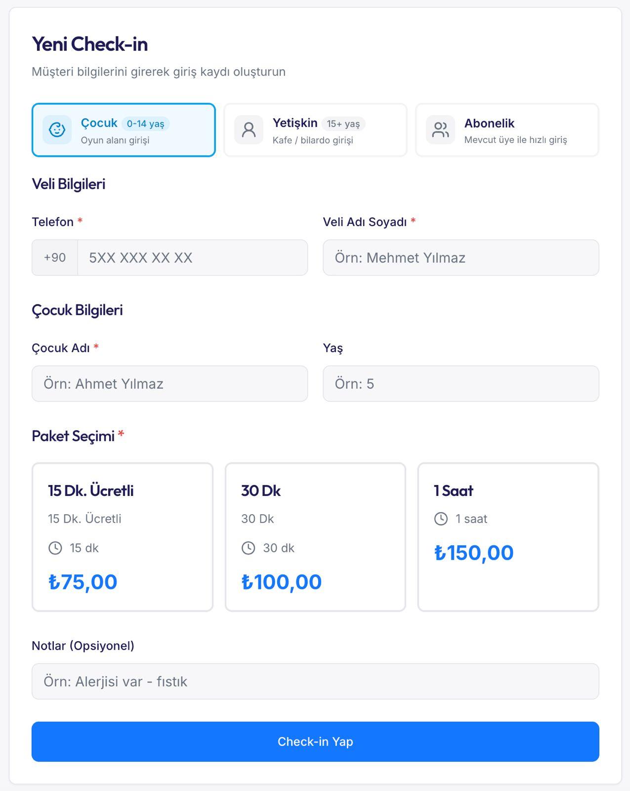 Check-in screen - package selection and entry form