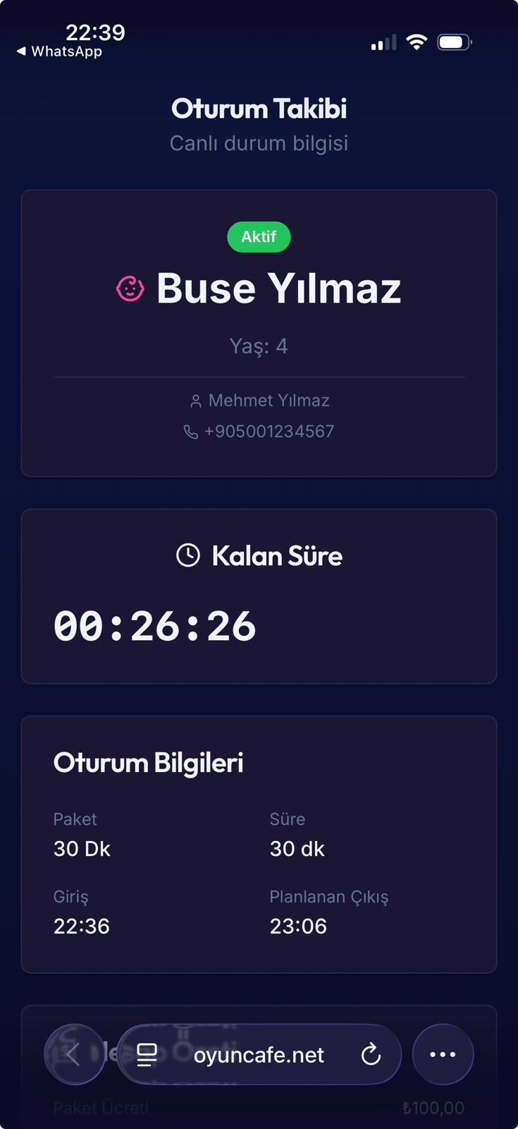 Parent session tracking screen - remaining time display
