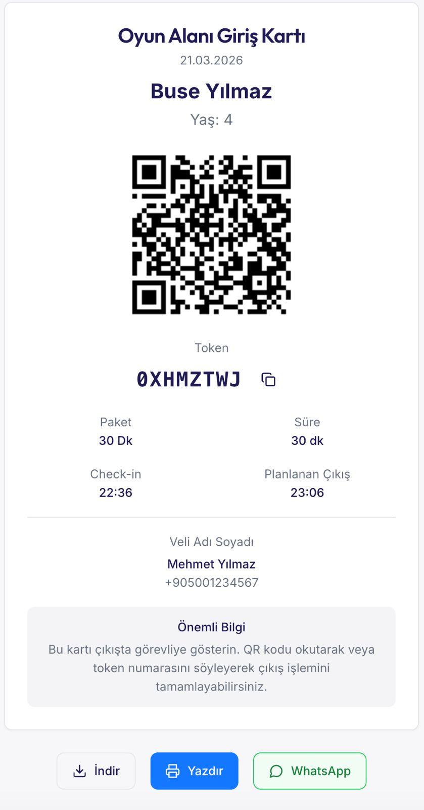 QR code entry card - token and session details