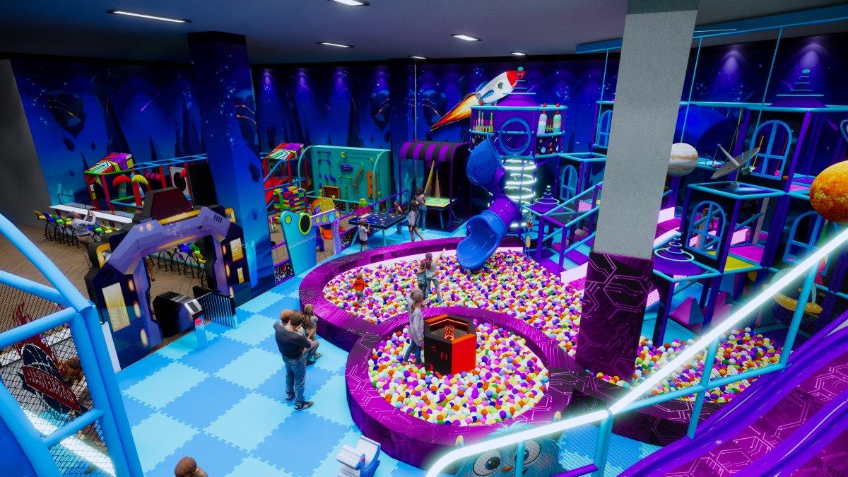Modern entertainment center with ball pit