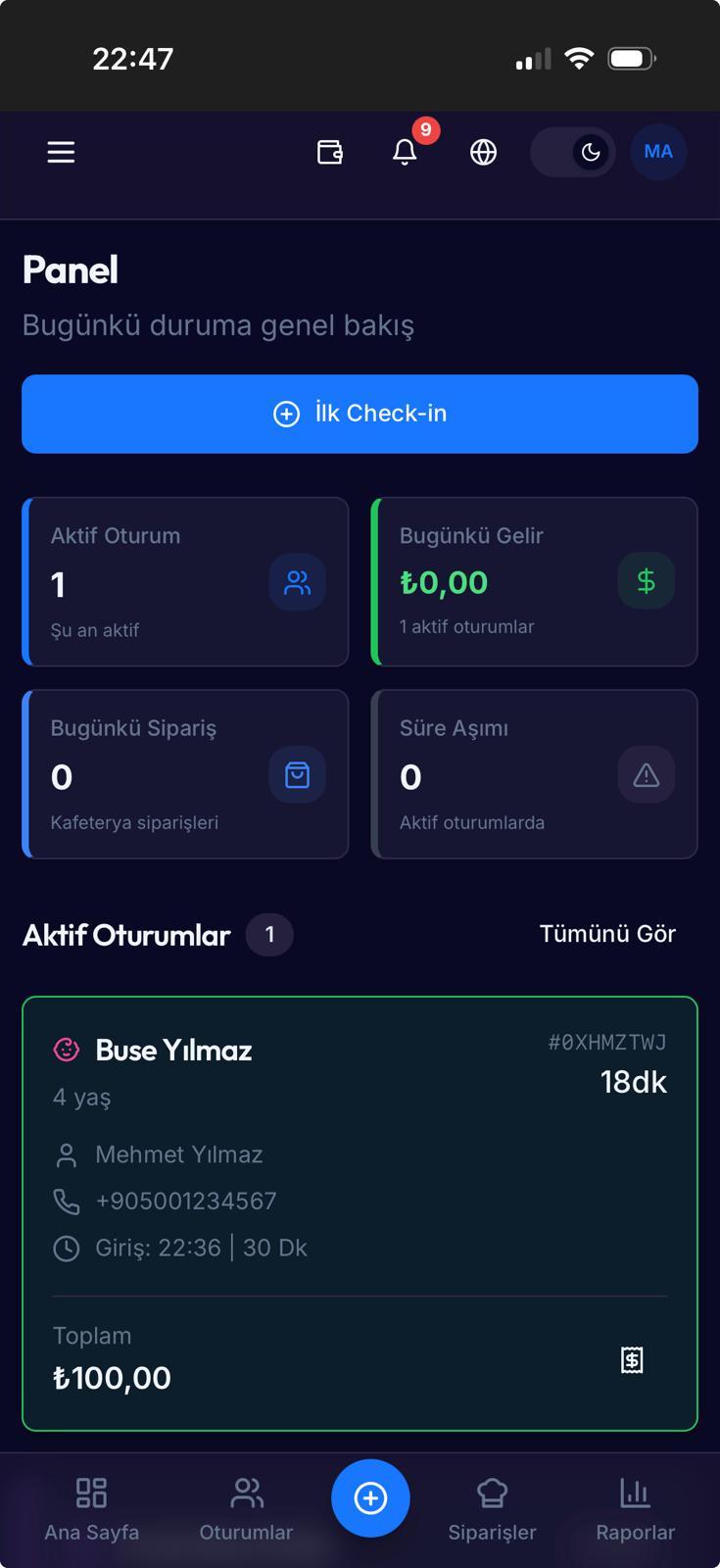 OyunCafe mobile dashboard view