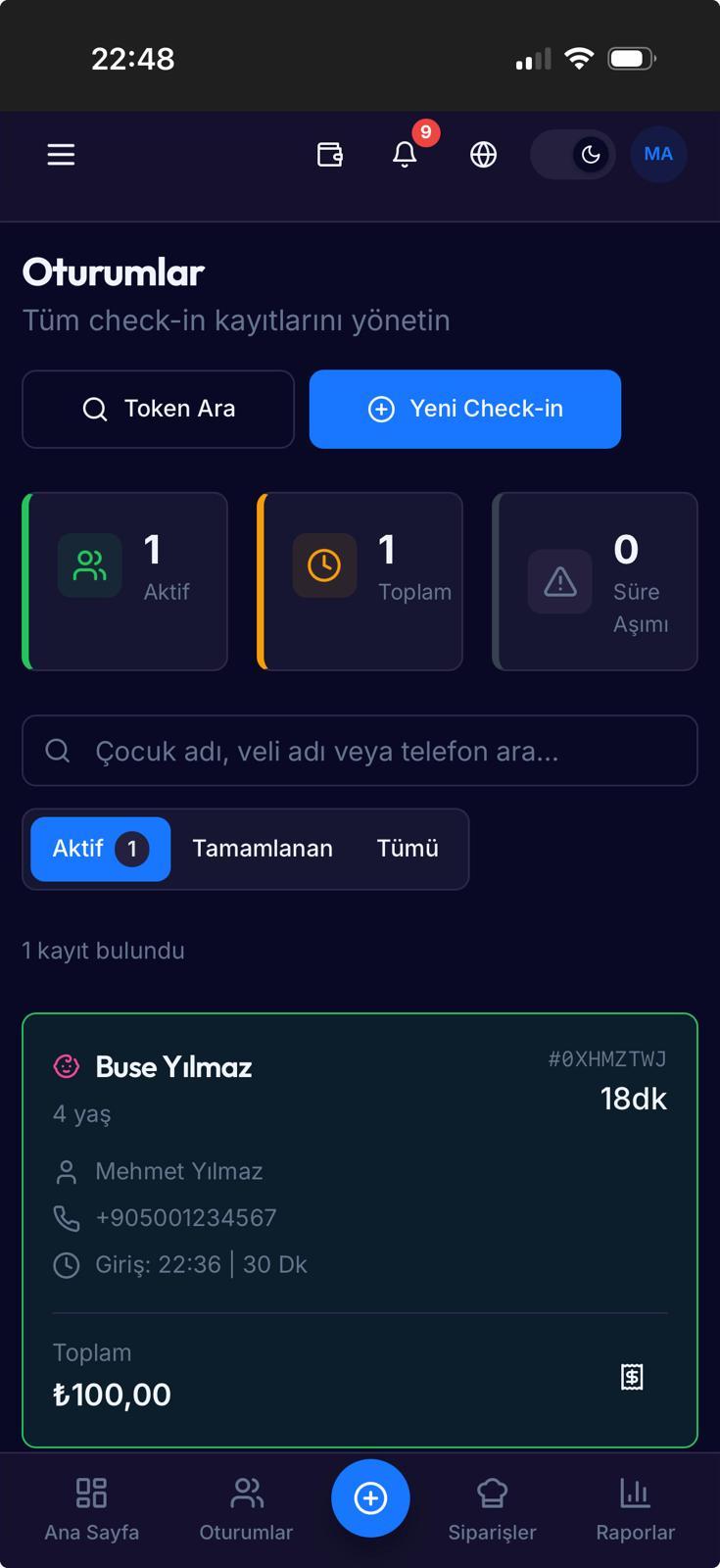 OyunCafe mobile session list